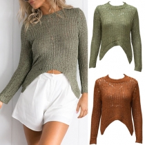 Fashion Solid Color Round Neck Long Sleeve Irregular Hem Sweater