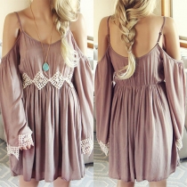 Sweet Lace Spliced Round Neck Cold Shoulder Backless Long Sleeve Dress