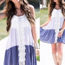 Sweet Contrast Color Lace Spliced Round Neck Sleeveless Sling Dress