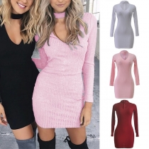 Sexy Solid Color V-neck Long Sleeve Ribbed Bodycon Dress