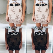 Fashion Sequin Embroidery Printed Slim-fitting Skirt