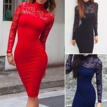 Elegant Lace Spliced Hollow Out Mock Neck Long Sleeve Bodycon Dress
