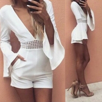 Sexy Solid Color Deep V-neck Bell Sleeve Hollow Out Romper