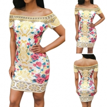 Sexy Printed Off Shoulder Short Sleeve Bodycon Dress