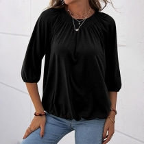 Casual Style Solid Color Crinkle Round Neck 3/4 Sleeve Chiffon Tops
