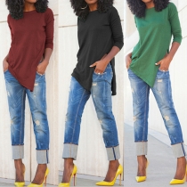 Casual Style Solid Color Irregular Hemline Round Neck Long Sleeve T-shirt