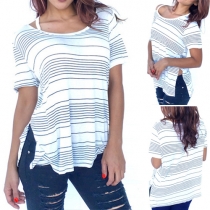 Concise Style Round Neck Short Sleeve Side Slit Striped T-shirt