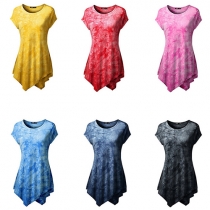 Fashion Printed Round Neck Short Sleeve Irregular Hemline Tops
