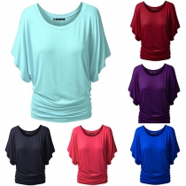 Casual Style Solid Color Round Neck Ruffle Sleeve Crinkle Hem Tops