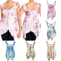 Sexy Printed V-neck Backless Sleeveless Irregular Hemline Sling Tops