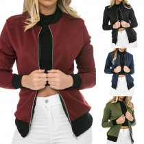Fashion Solid Color Front Zipper Long Sleeve Jacket