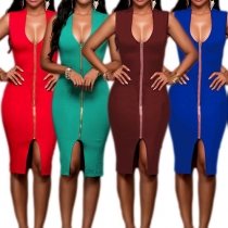 Sexy Solid Color V-neck Sleeveless Front Zipper Bodycon Dress