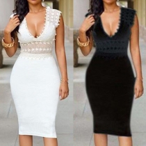 Sexy Solid Color V-neck Sleeveless Backless Lace Hollow Out Bodycon Dress