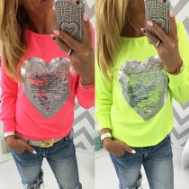 Casual Style Heart-shaped Sequin Printed Round Neck Long Sleeve T-shirt