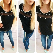 Fashion Hotfix Rhinestone Gauze Spliced Round Neck Cap Sleeve Tops