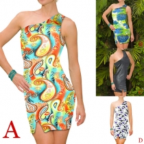 Sexy Printed Oblique Shoulder Sleeveless Bodycon Dress