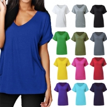 Casual Style Solid Color V-neck Short Sleeve Loose-fitting T-shirt