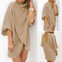 Fashion Solid Color Turtleneck 3/4 Sleeve Irregular Hemline Loose-fitting Dress