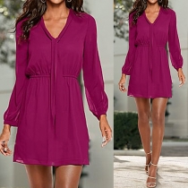 Fashion Solid Color V-neck Long Sleeve Gathered Waist Double-layer Dress