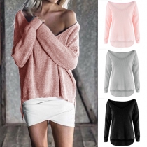 Sexy Solid Color Oblique Shoulder Long Sleeve Loose-fitting Knit Tops