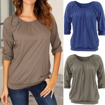 Casual Style Solid Color Round Neck 3/4 Sleeve Relaxed Tops