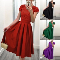 Elegant Lace Spliced Solid Color Round Neck Backless Gathered Waist Pleated Dress