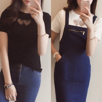 Sweet Solid Color Heart-shaped Gauze Spliced Round Neck Short Sleeve T-shirt