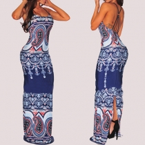 Sexy Printed Round Neck Sleeveless Backless Slit Hem Sling Maxi Dress