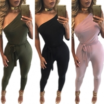 Sexy Solid Color Oblique Shoulder Gathered Waist Jumpsuit