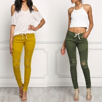 Fashion Solid Color Knee Zipper Ripped Drawstring Waist Skinny Pants