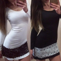 Fashion Lace Spliced Round Neck Long Sleeve Slim-fitting Dress(It falls short)