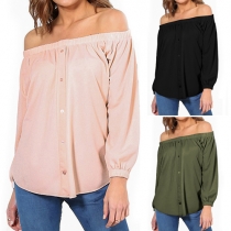 Fashion Solid Color Off Shoulder Long Sleeve Button Down Tops