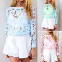 Sexy Solid Color Round Neck Long Sleeve Lace Hollow Out Smock
