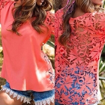 Fashion Solid Color Round Neck Long Sleeve Hollow Out Lace Tops