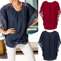 Fashion Lace Spliced Solid Color Round Neck Bat Sleeve Loose-fitting Tops