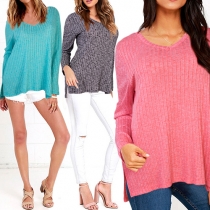 Casual Style Solid Color V-neck Long Sleeve Slit Hem Knit Sweater