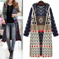 Fashion Printed Long Sleeve Hooded Open-front Knit Cardigan