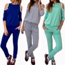 Fashion Solid Color Cold Shoulder Long Sleeve Tops and Pants Two-piece Set