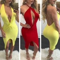 Sexy Deep V-neck Backless Sleeveless Knotted Irregular Hem Halter Dress