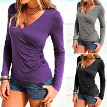 Sexy Solid Color Crinkle Side Buttons V-neck Long Sleeve T-shirt