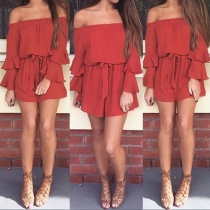 Sexy Solid Color Off Shoulder Two-layer Sleeve Gathered Waist Romper