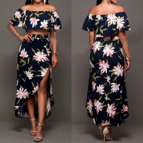 Sexy Printed Off Shoulder Crop Tops + Irregular Hemline Maxi Skirt Two-piece Set