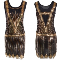 Retro Style Sequin Beaded Round Neck Sleeveless Dress