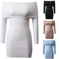 Stylish Solid Color Off Shoulder Long Sleeve Sweater Dress