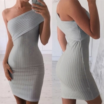 Sexy Solid Color Oblique Shoulder Sleeveless Knit Bodycon Dress