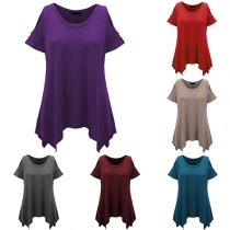 Casual Style Solid Color Round Neck Cold Shoulder Irregular Hemline T-shirt