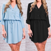 Casual Style Solid Color V-neck Button-tab Sleeve Drawstring Waist Dress