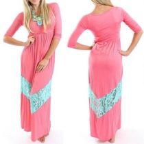 Sweet Lace Spliced Round Neck 3/4 Sleeve Family Fitted Maxi Dress