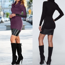 Sexy Leather Spliced Scarf Collar Long Sleeve Bodycon Dress