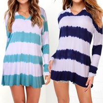 Casual Style Striped Hooded Long Sleeve Loose-fitting Tops